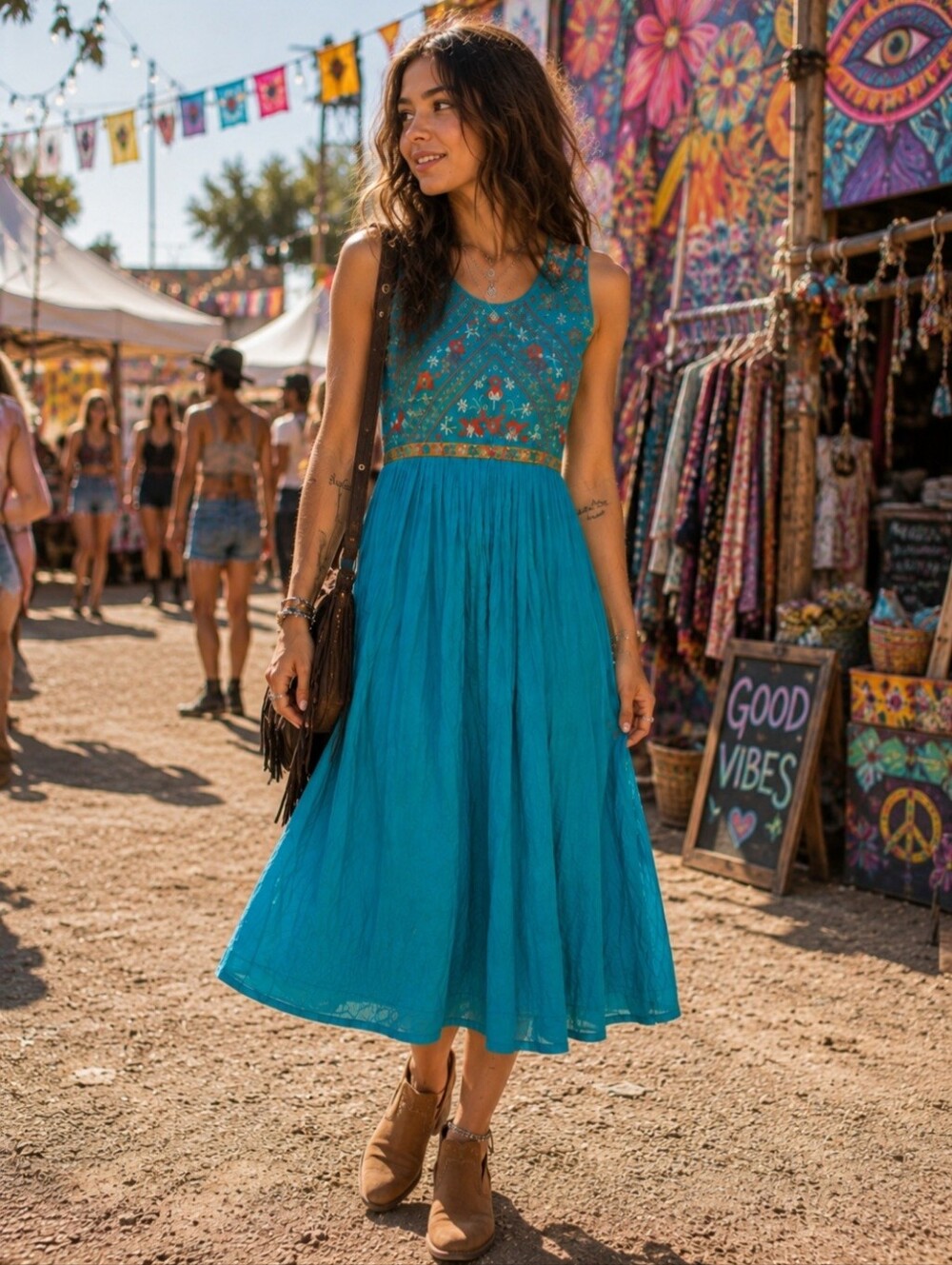 Artisan Boho Indian Embroidered Turquoise Cotton Midi Dress